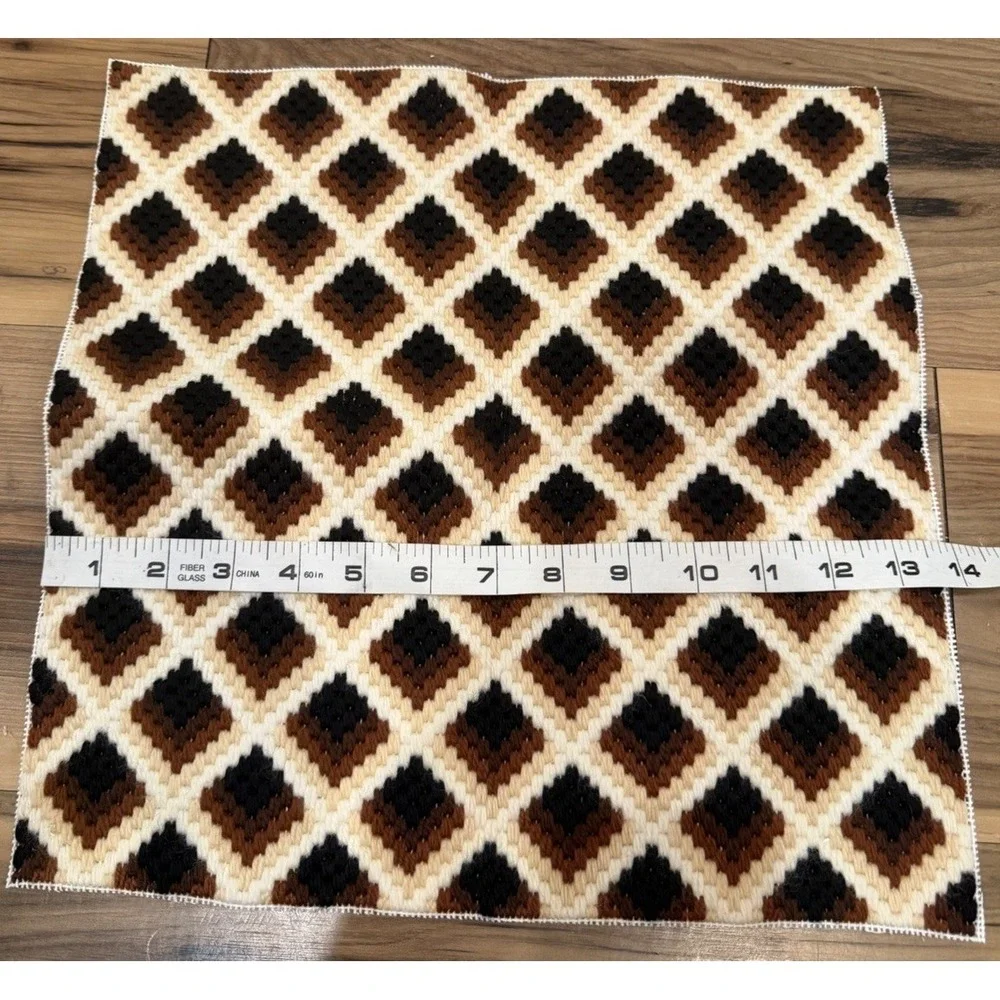 Vintage Latch Hook Rug Brown Cream Black Geometric Retro 1970s Wall Hanging